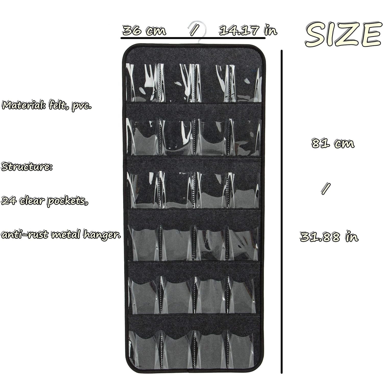 Pink Hanging Felt Shoe Organizer with 24 Clear Pockets - Anti-Rust Metal Hanger Included, Perfect for Shoes, Toys, and Accessories